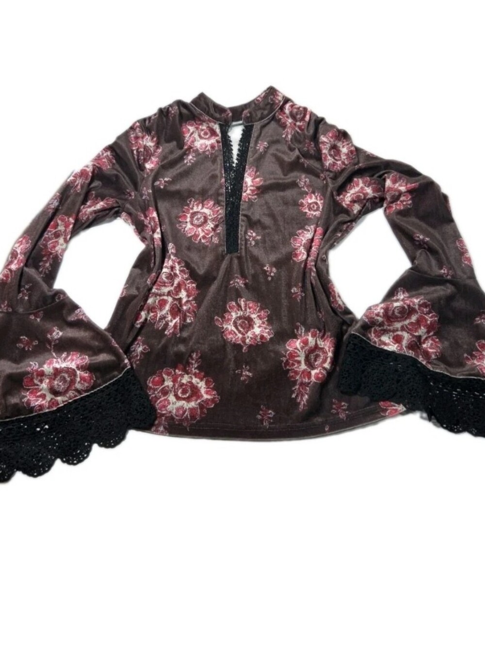 Whimsigoth Velvet Floral Blouse Black Lace Ruffle Cuff V-Neck Top M/L